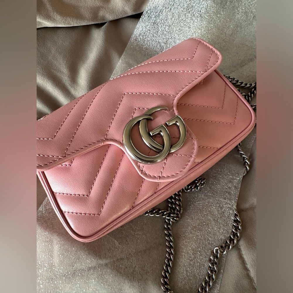 Gucci Calfskin Matelasse Super Mini GG Marmont Crossbody Bag Wild Rose